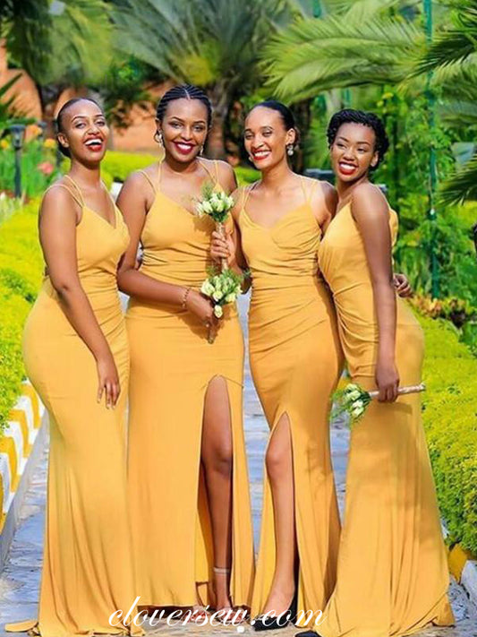 Yellow Spaghetti Strap Sheath High Slit Long Bridesmaid Dresses, CB0271