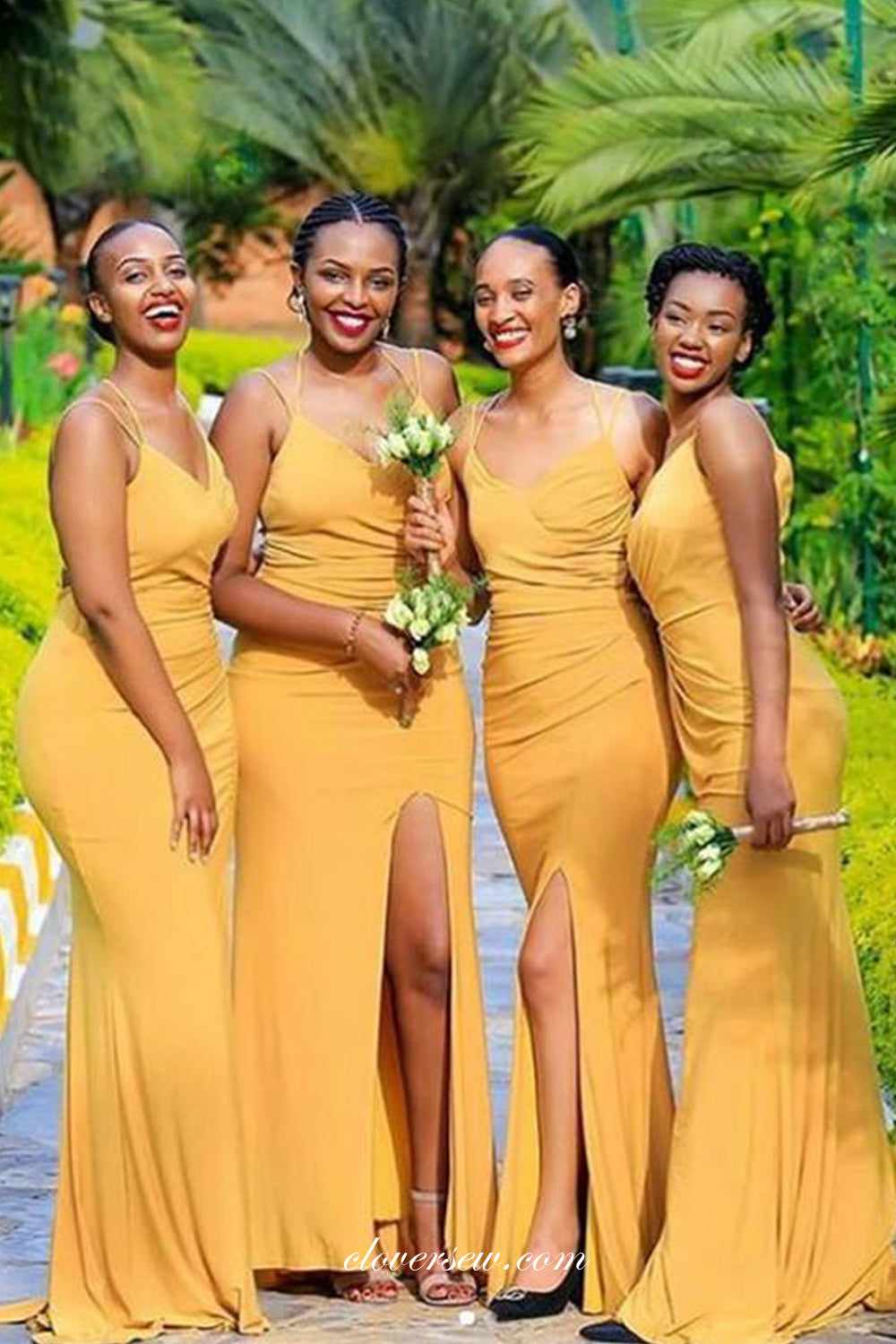 Yellow Spaghetti Strap Sheath High Slit Long Bridesmaid Dresses, CB0271