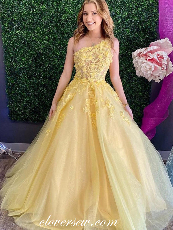 Yellow Tulle Applique One Shoulder Prom Dresses For Teens ,CP0842