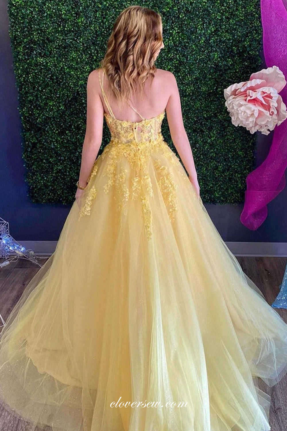 Yellow Tulle Applique One Shoulder Prom Dresses for Teens ,CP0842 US16 / As Pic Yellow Tulle Applique One Shoulder Prom Dresses for Teens ,CP0842 US16 / As Pic