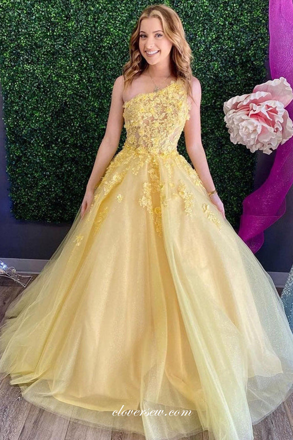 Yellow Tulle Applique One Shoulder Prom Dresses For Teens ,CP0842