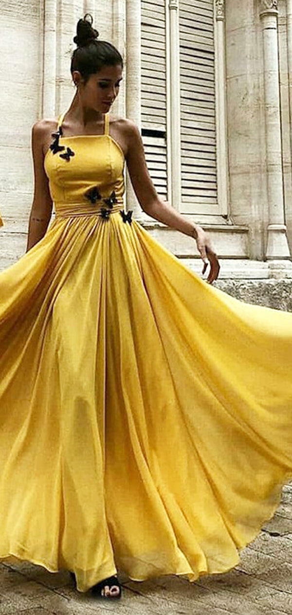 Yellow Chiffon Butterfly Appliques Backless Prom Dresses,CP0001
