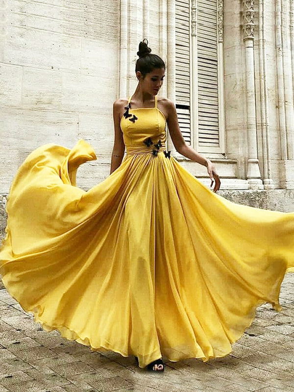 Yellow Chiffon Butterfly Appliques Backless Prom Dresses,CP0001