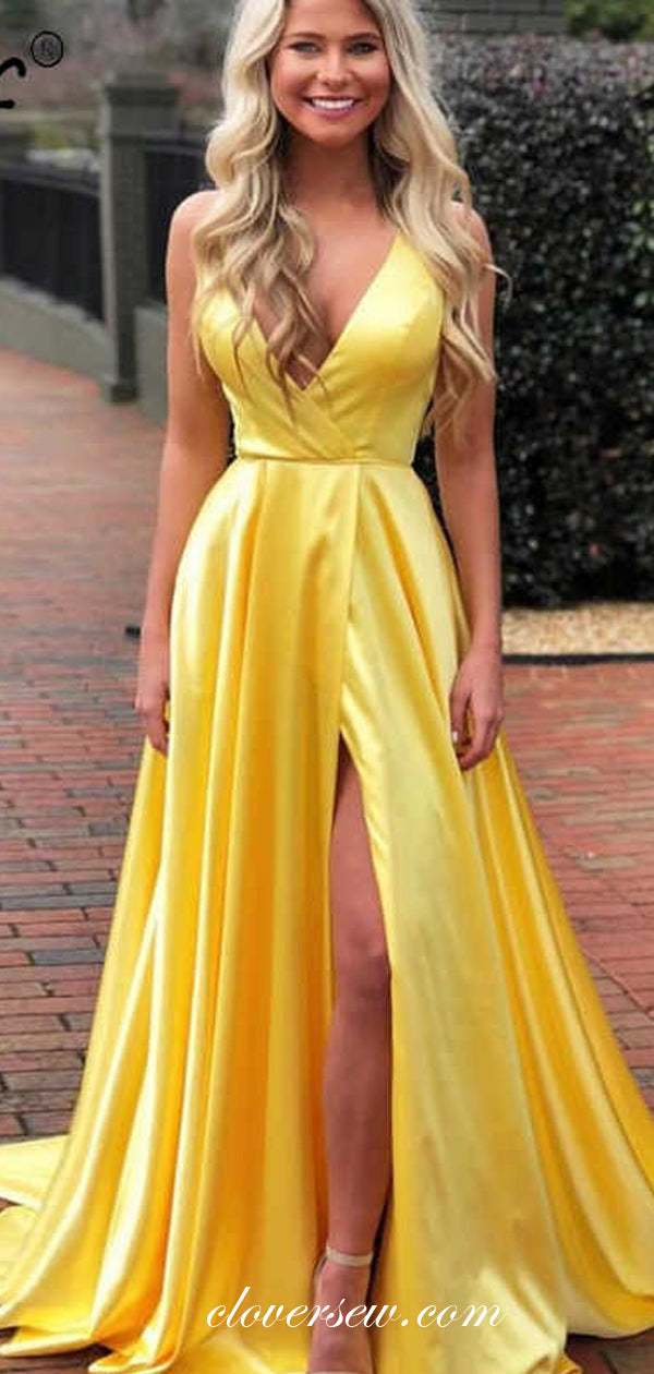 Yellow Elastic Satin Spaghetti Strap A-line Prom Dresses , CP0111