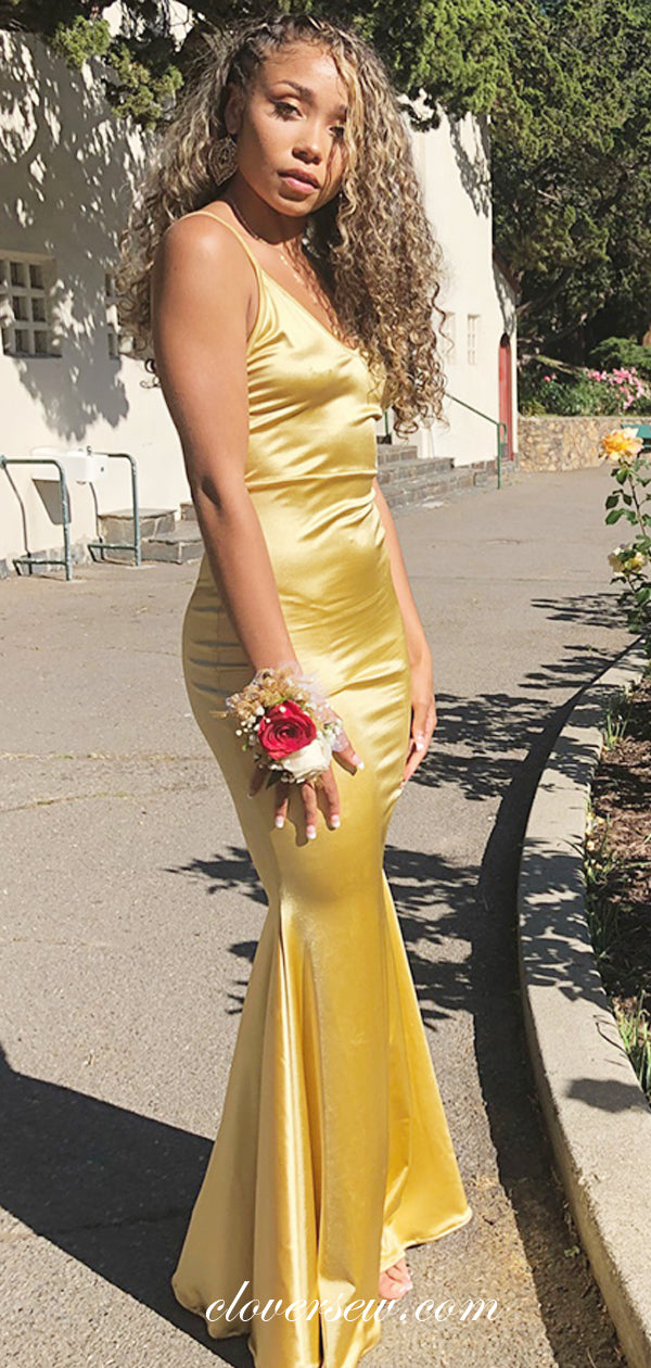Yellow Elastic Satin Spaghetti Strap Mermaid Prom Dresses , CP0039