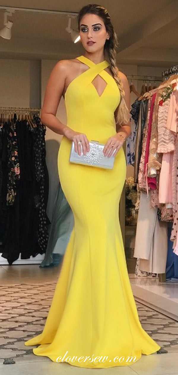 Yellow Halter Open Back Mermaid Prom Dresses, CP0097