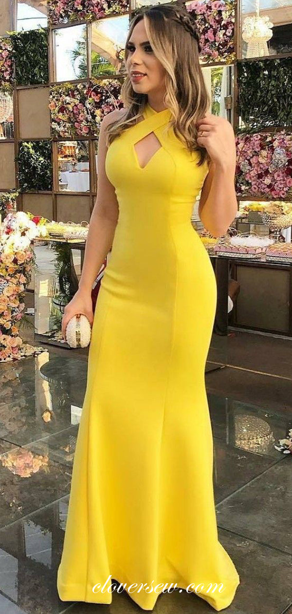 Yellow Halter Open Back Mermaid Prom Dresses, CP0097