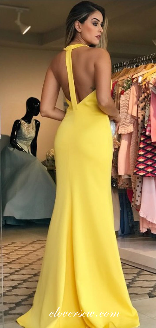 Yellow Halter Open Back Mermaid Prom Dresses, CP0097