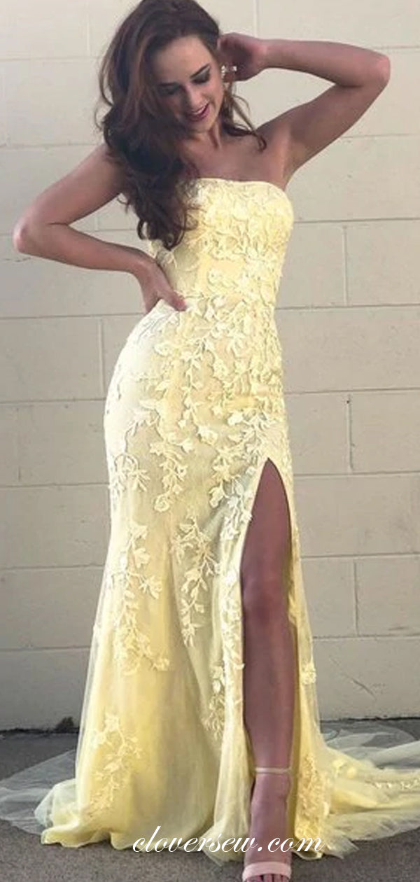 Yellow Lace Applique Strapless Side Slit Sheath Prom Dresses ,CP0423