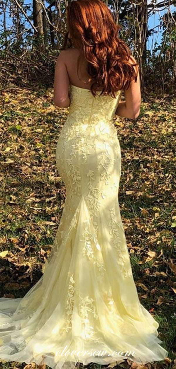 Yellow Lace Applique Strapless Side Slit Sheath Prom Dresses ,CP0423