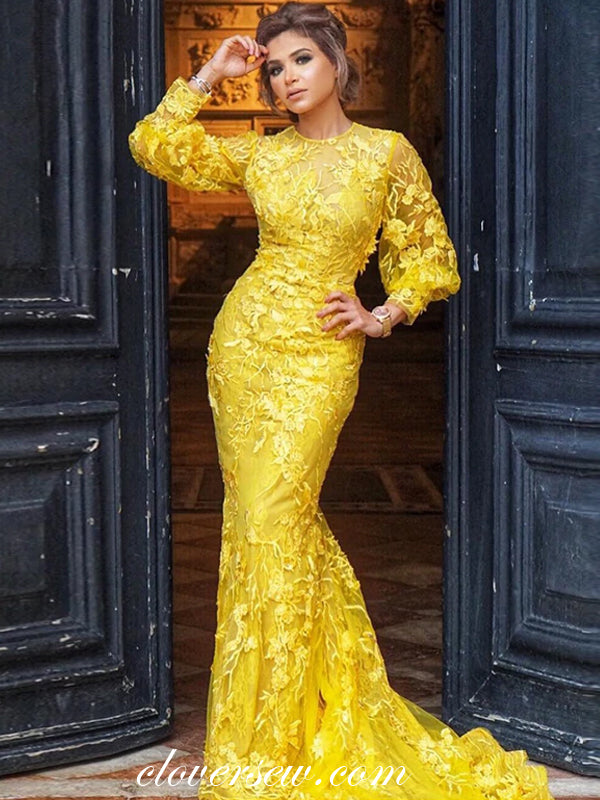 Yellow Lace Long Sleeves Round Neck Mermaid Prom Dresses , CP0486