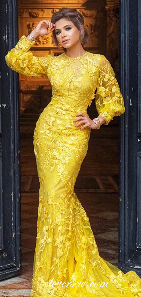 Yellow Lace Long Sleeves Round Neck Mermaid Prom Dresses , CP0486 clover sew Yellow Lace Long Sleeves Round Neck Mermaid Prom Dresses , CP0486 clover sew
