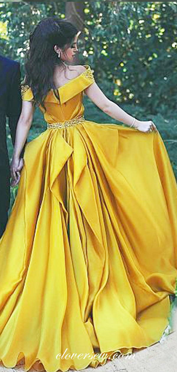 Yellow Off The Shoulder Bead Belt A-line Prom Dresses, CP0464