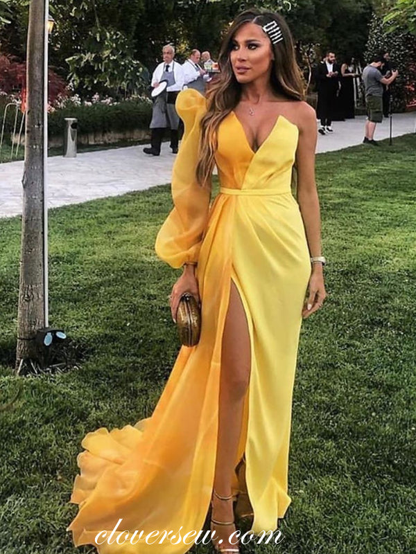 Yellow One Shoulder Long Sleeves Sheath Side Slit Prom Dresses,CP0386