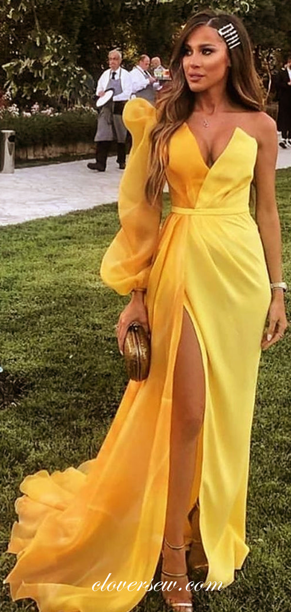 Yellow One Shoulder Long Sleeves Sheath Side Slit Prom Dresses,CP0386 Yellow One Shoulder Long Sleeves Sheath Side Slit Prom Dresses,CP0386