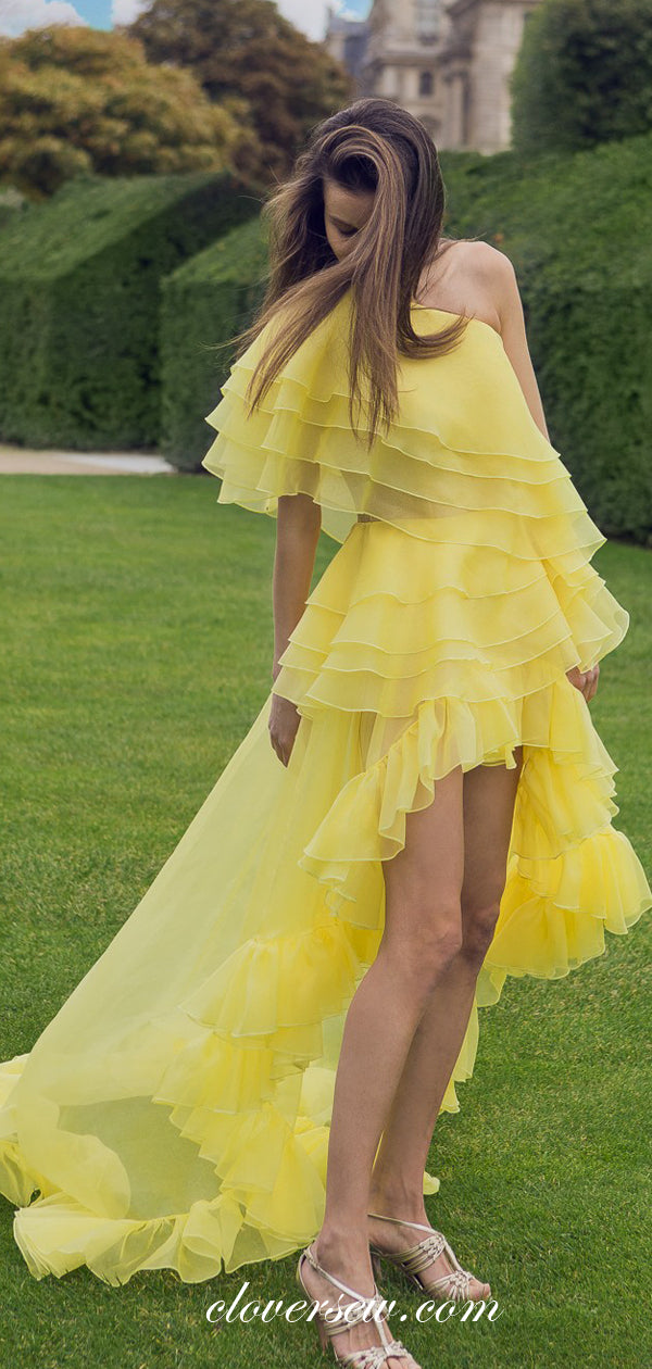 Yellow Organza One Shoulder High Low Ruffles Prom Dresses , CP0090