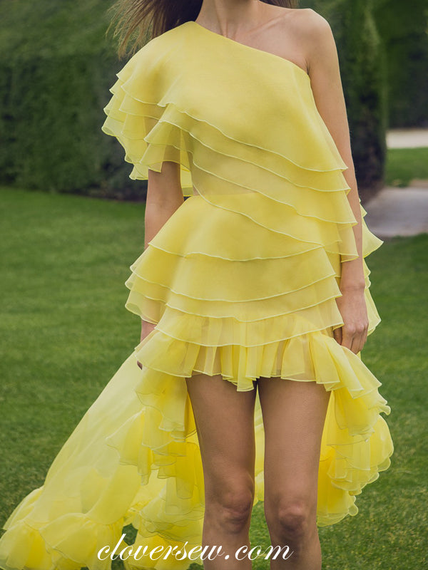 Yellow Organza One Shoulder High Low Ruffles Prom Dresses , CP0090