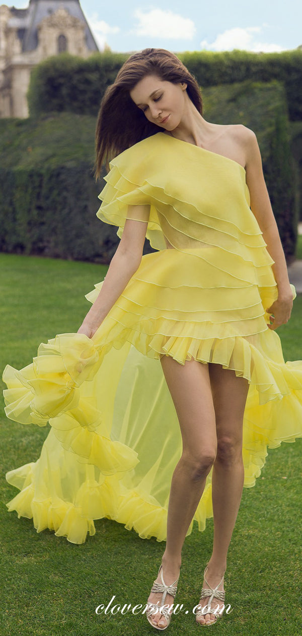 Yellow Organza One Shoulder High Low Ruffles Prom Dresses , CP0090