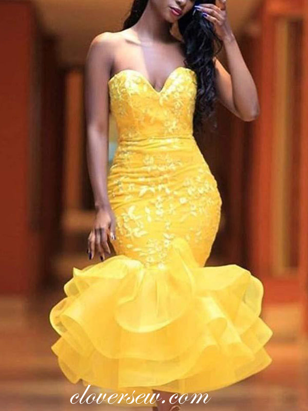 Yellow Satin Lace Applique Ruffles Mermaid Ankle Length Prom Dresses ,CP0259