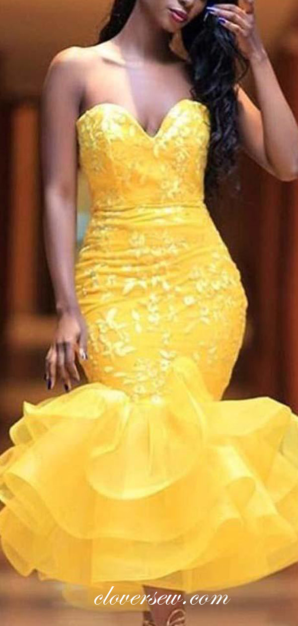 Yellow Satin Lace Applique Ruffles Mermaid Ankle Length Prom Dresses , clover sew Yellow Satin Lace Applique Ruffles Mermaid Ankle Length Prom Dresses , clover sew
