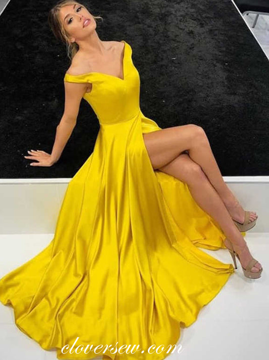 Yellow Satin Off The Shoulder Slit A-line Prom Dresses,CP0226