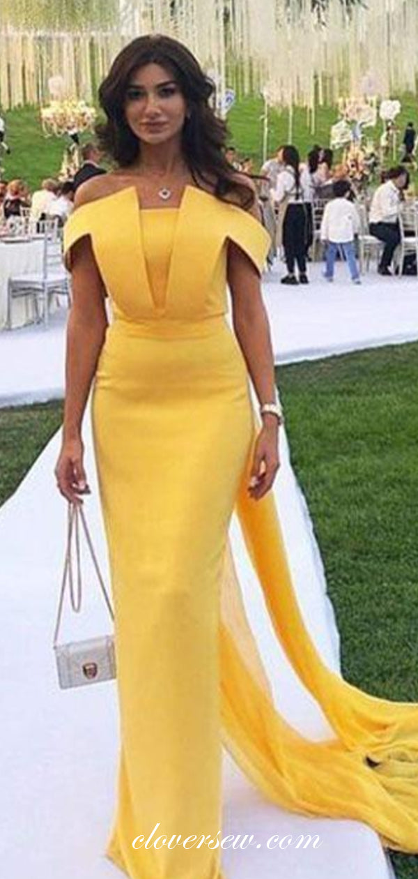 Yellow Satin Sheath Off The Shoulder With Chiffon Belt Formal Dresses,CP0158