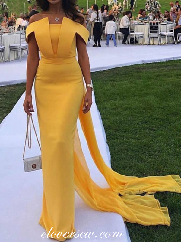 Yellow Satin Sheath Off The Shoulder With Chiffon Belt Formal Dresses,CP0158