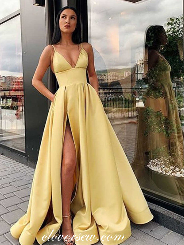 Yellow Satin V-neck Side Slit High Waist With Pocket Prom Dresses,CP0342