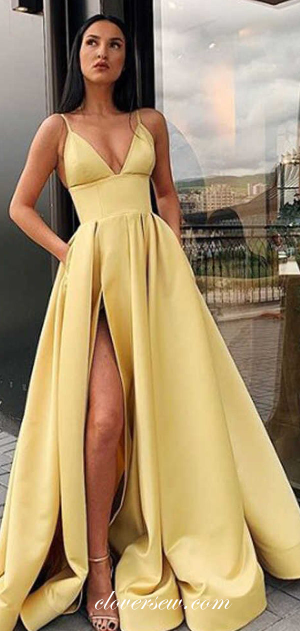 Yellow Satin V-neck Side Slit High Waist With Pocket Prom Dresses,CP0342