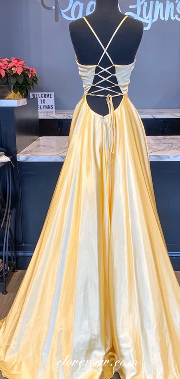 Yellow Satin V-neck Spaghetti Strap A-line Prom Dresses,CP0350 clover sew Yellow Satin V-neck Spaghetti Strap A-line Prom Dresses,CP0350 clover sew