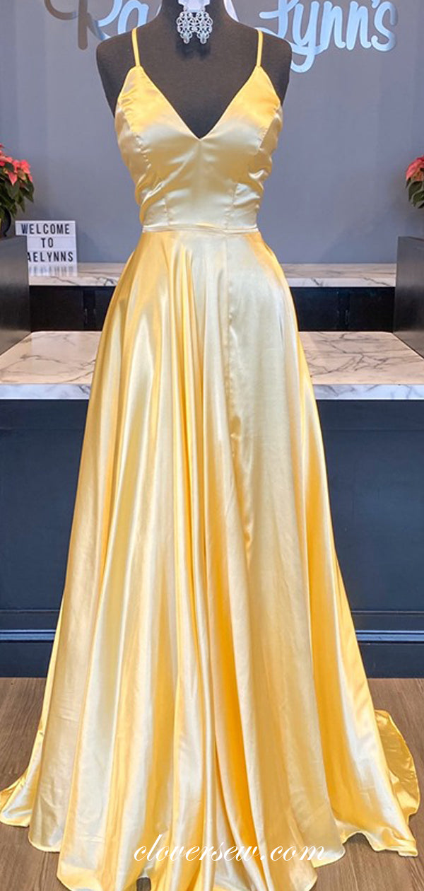Yellow Satin V-neck Spaghetti Strap A-line Prom Dresses,CP0350 clover sew Yellow Satin V-neck Spaghetti Strap A-line Prom Dresses,CP0350 clover sew