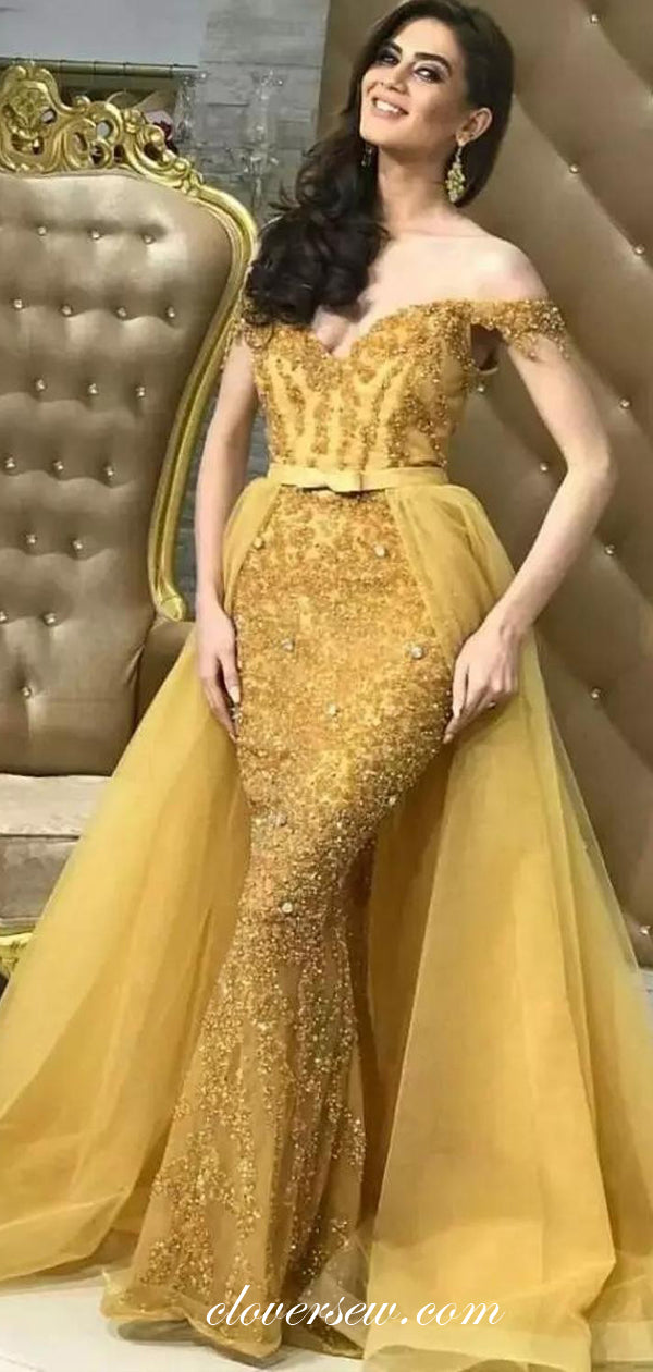 Yellow Sequined Lace Off The Shoulder Detachable Skirt Prom Dresses , CP0104