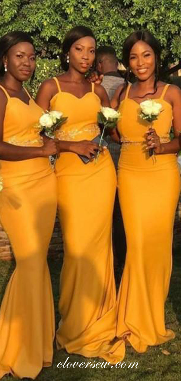 Yellow Spaghetti Strap Lace Applique Sheath Long Bridesmaid Dresses, CB0098