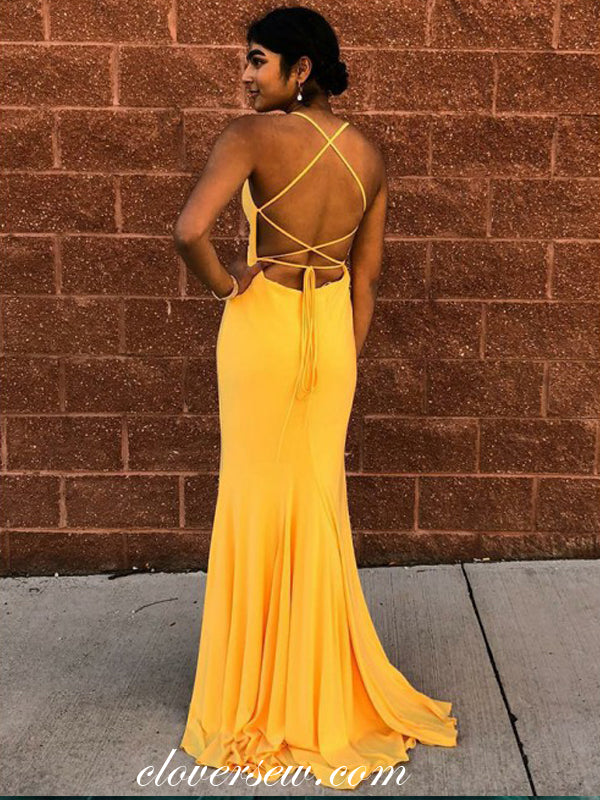 Yellow Spaghetti Strap Lace Up Backless Prom Dresses, CP0017