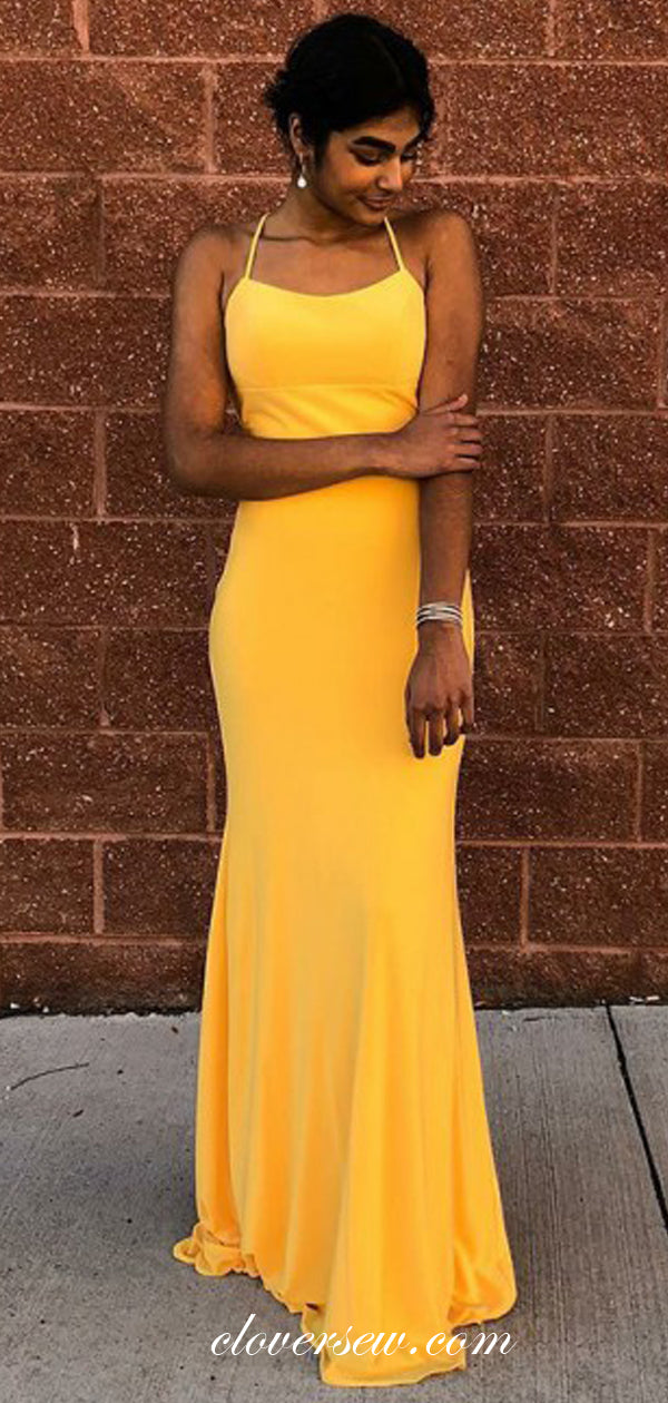 Yellow Spaghetti Strap Lace Up Backless Prom Dresses, CP0017