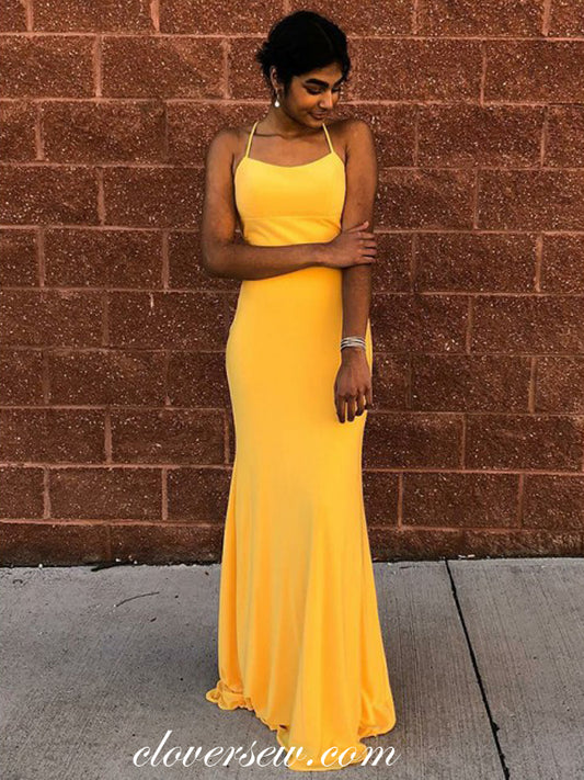 Yellow Spaghetti Strap Lace Up Backless Prom Dresses, CP0017