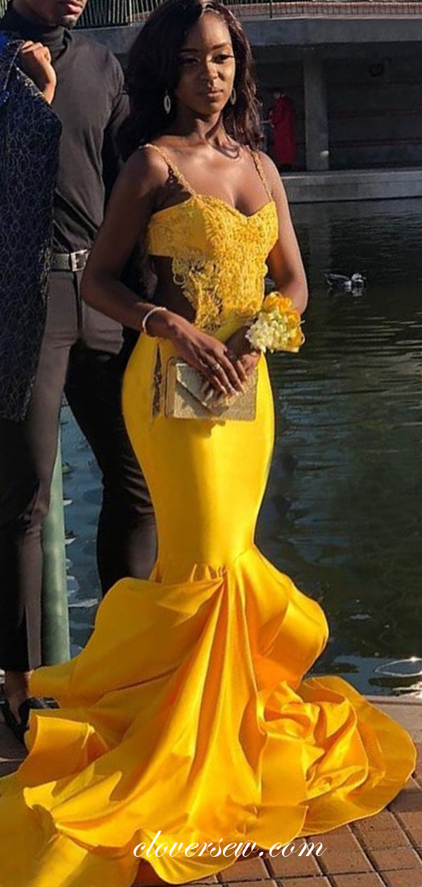 Yellow Spaghetti Strap Ruffle Mermaid Prom Dresses,CP0157