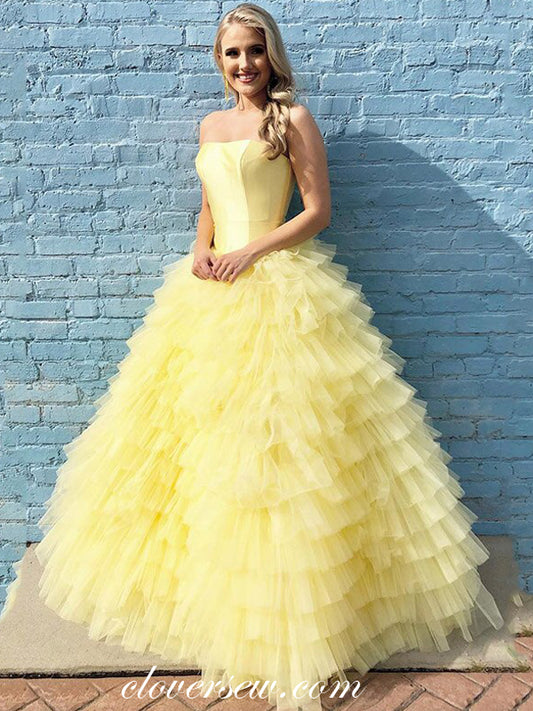 Yellow Strapless Ruffles Tiered Ball Gown Prom Dresses ,CP0435