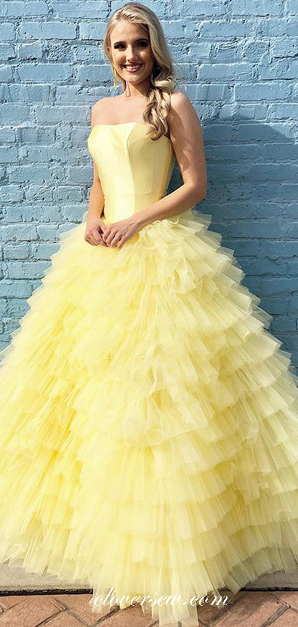 yellow strapless prom dress Yellow Strapless Ruffles Tiered Ball Gown Prom Dresses ,CP0435 US8 / As Pic