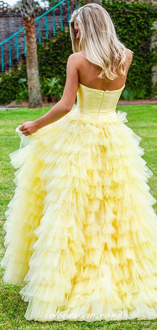 yellow strapless prom dress Yellow Strapless Ruffles Tiered Ball Gown Prom Dresses ,CP0435 US8 / As Pic