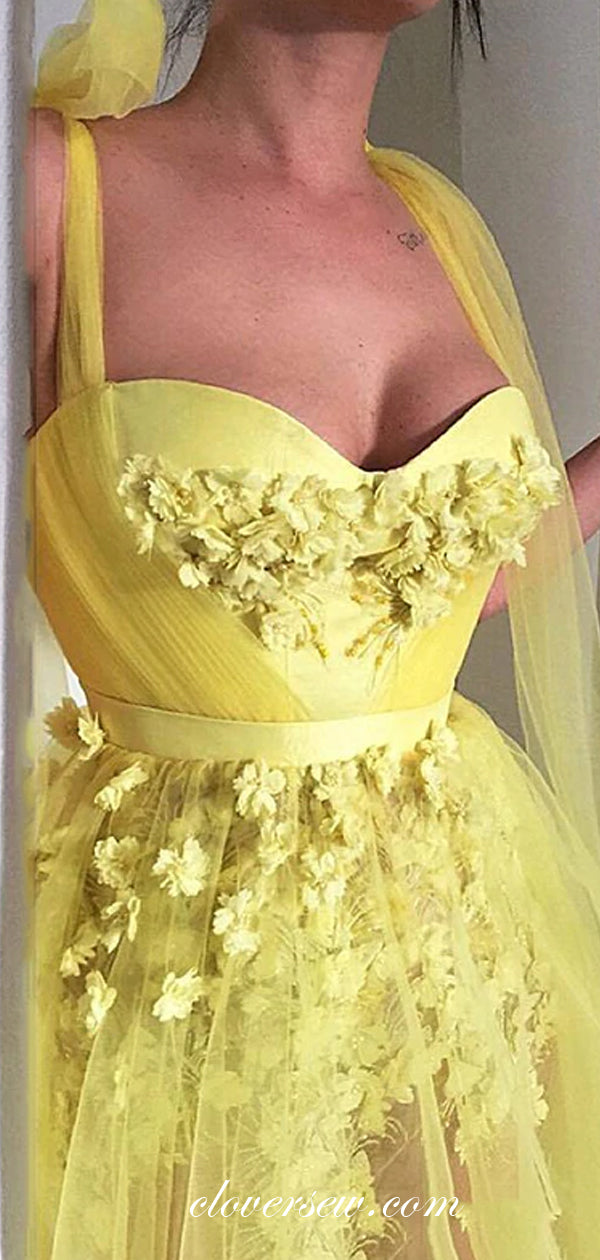 Yellow Tulle 3D Applique Convertible Strap A-line Prom Dresses,CP0437