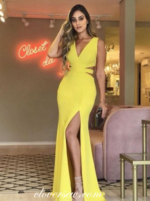Yellow V-neck Sleeveless Side Slit Sheath Prom Dresses ,CP0132