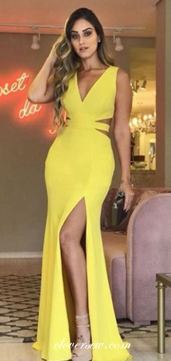 Yellow V-neck Sleeveless Side Slit Sheath Prom Dresses ,CP0132